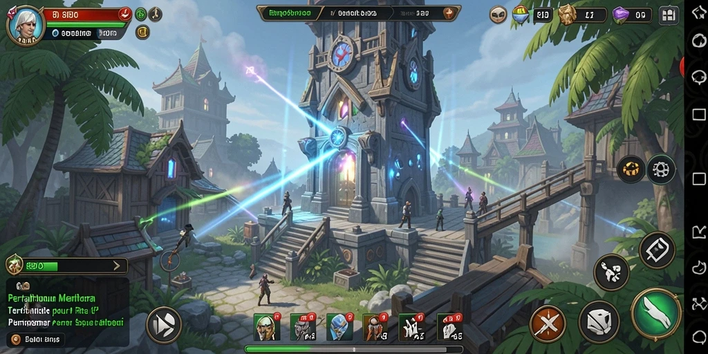 Screenshot gameplay 8ID menampilkan serangan menara yang dramatis.