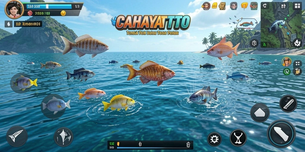 Screenshot gameplay CAHAYATOTO menembak ikan yang berwarna-warni.