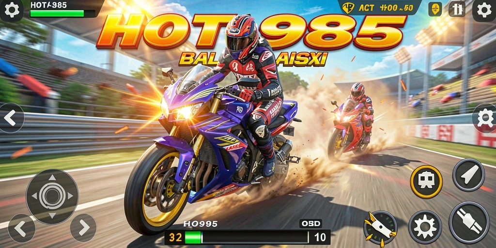 Screenshot HOT985 menampilkan aksi balapan motor yang mendebarkan.