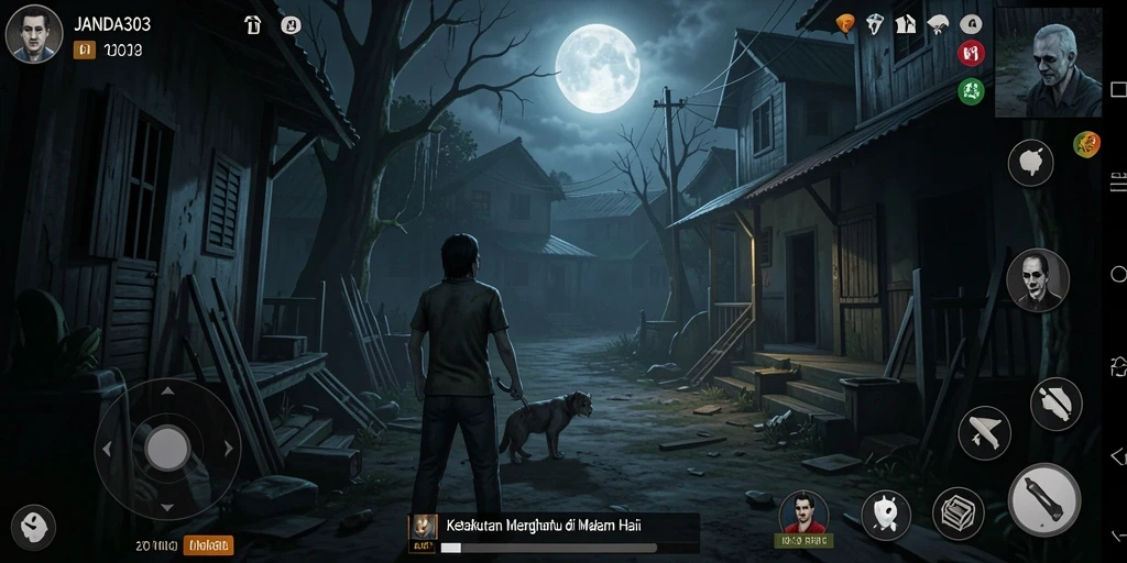 Tampilan menyeramkan dari gameplay <strong>JANDA303</strong> saat menjelajahi ruangan gelap yang penuh misteri.