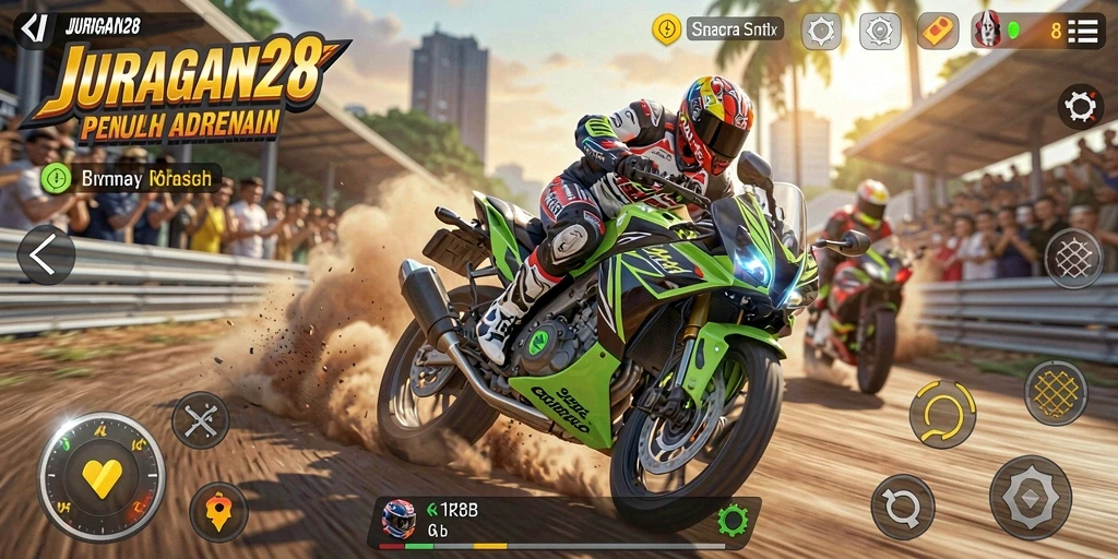 Tampilan menarik gameplay balapan motor JURAGAN28 yang seru.