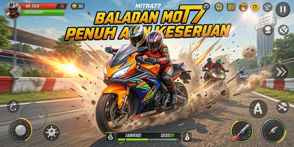 Screenshot gameplay MITRA77 yang menampilkan balapan motor seru.
