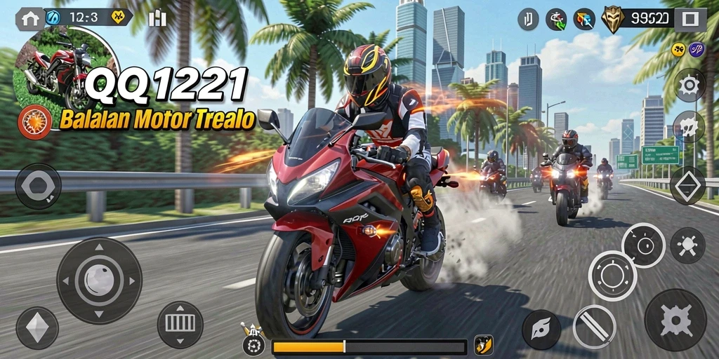 Screenshot dari gameplay balapan motor yang mendebarkan di QQ1221.