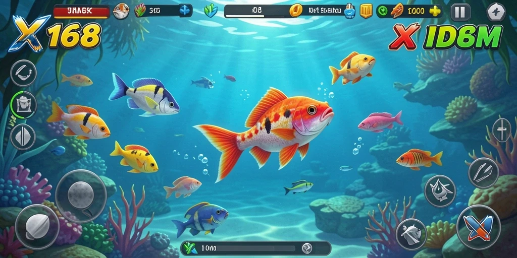 Tampilan gameplay seru dalam X168 saat menembak ikan.